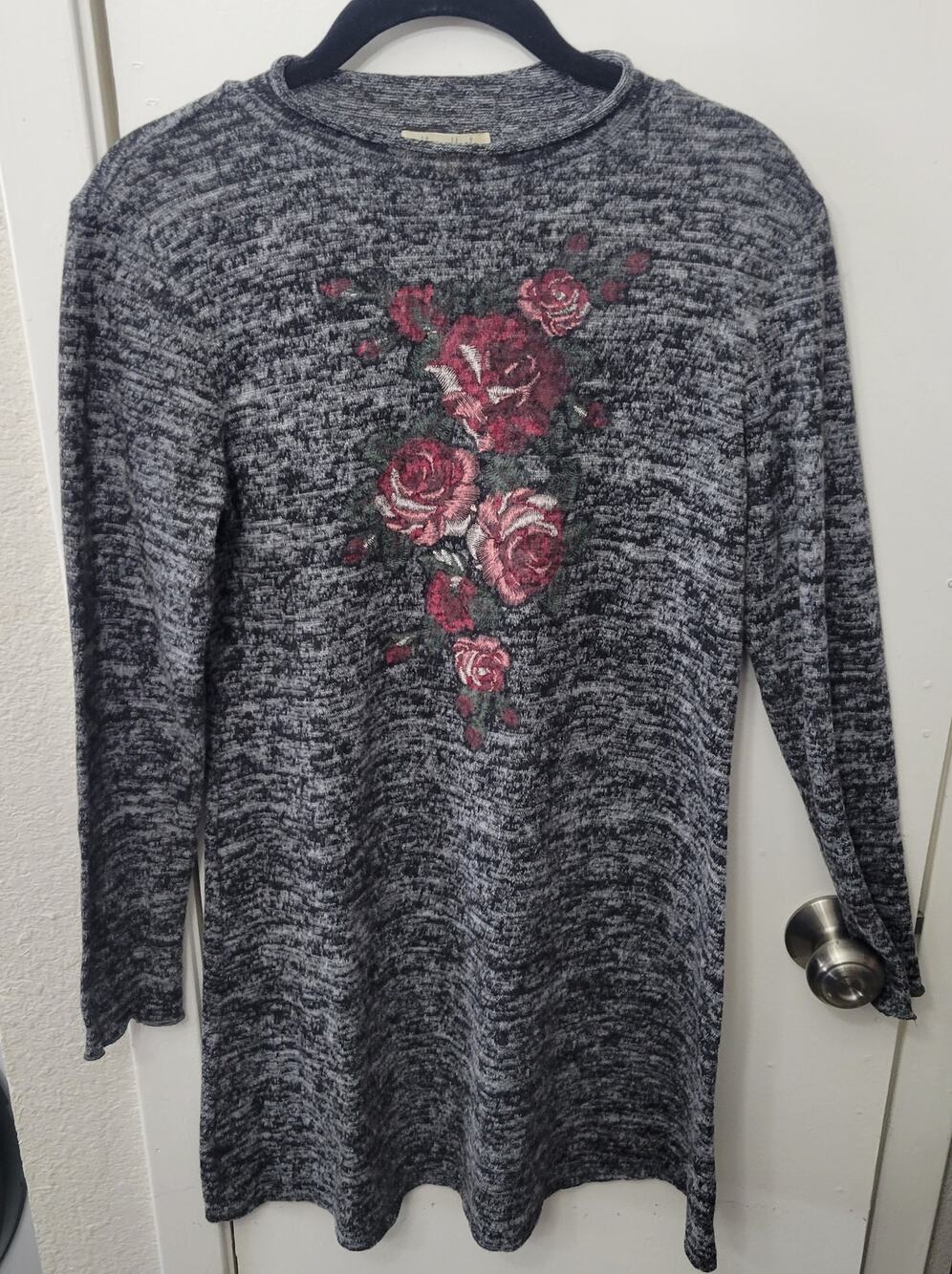 Ultra Flirt Women's Dark Gray Sketchbook Floral Long Sleeve Sweater Dress Size M